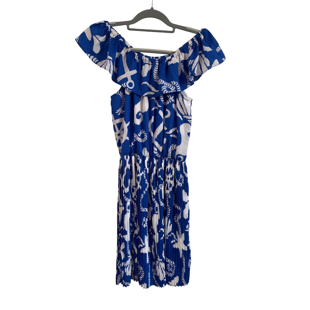 Lilly Pulitzer Crowley Dress Blue White Nautical‎ Anchor Off Shoulder Pleated XS